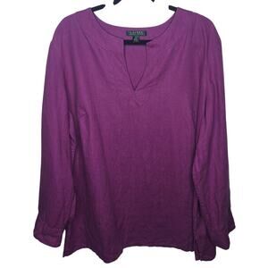 Lauren Ralph Lauren 100% Linen Tunic Top 2X Purple Roll Tab Sleeve Split Neck